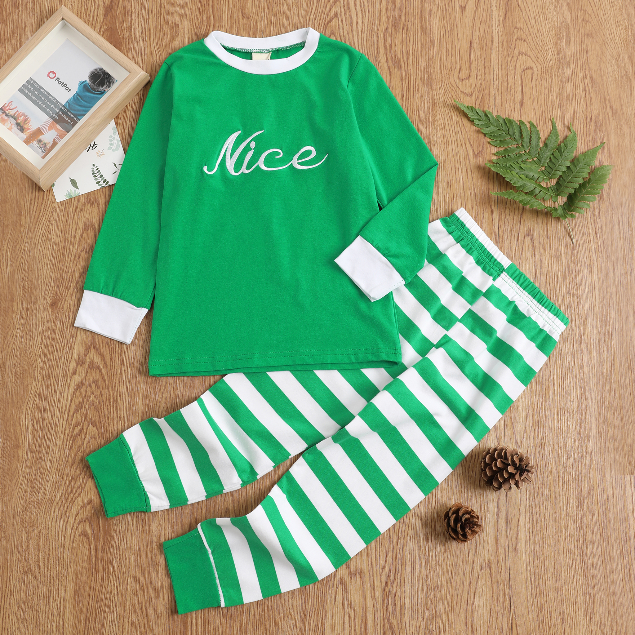 

Letter Embroidered Top and Striped Pants Set