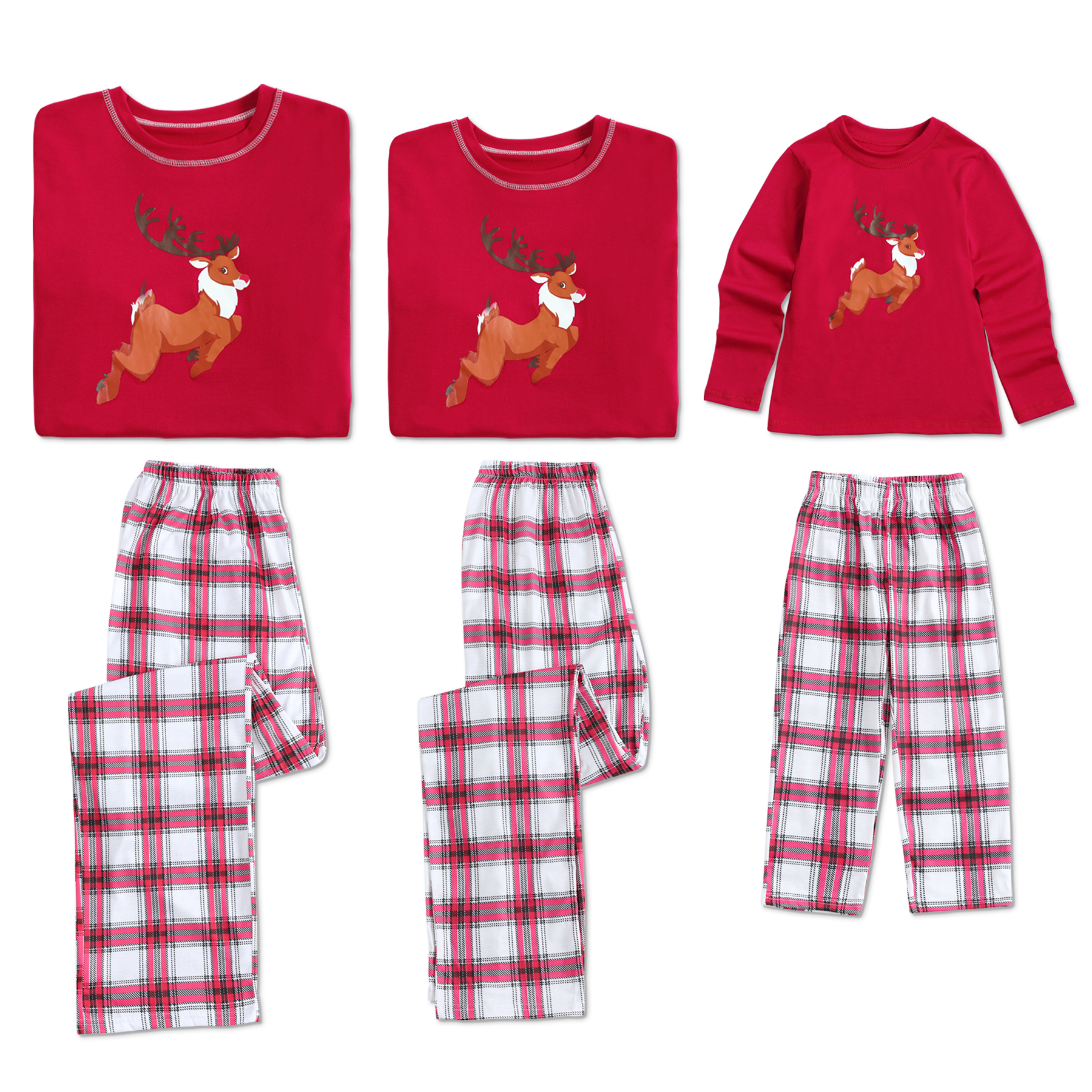 

2-piece Christmas Family Reindeer Printed Long-sleeve in Red and Plaid Pants Pajamas for Family