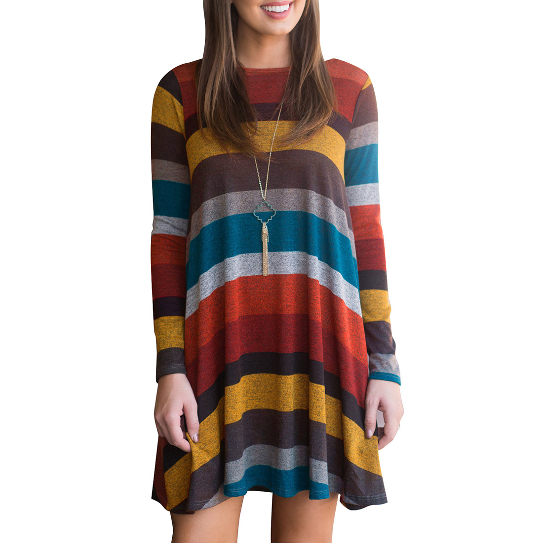 

A-line Striped Color Blocked Above Knee Round Neck Long-sleeve Dress