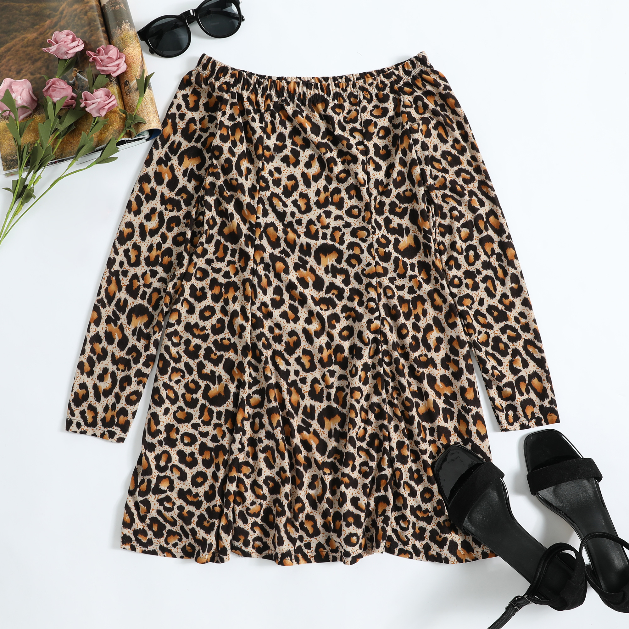 

Sexy Off Shoulder Long Sleeves Leopard Dress