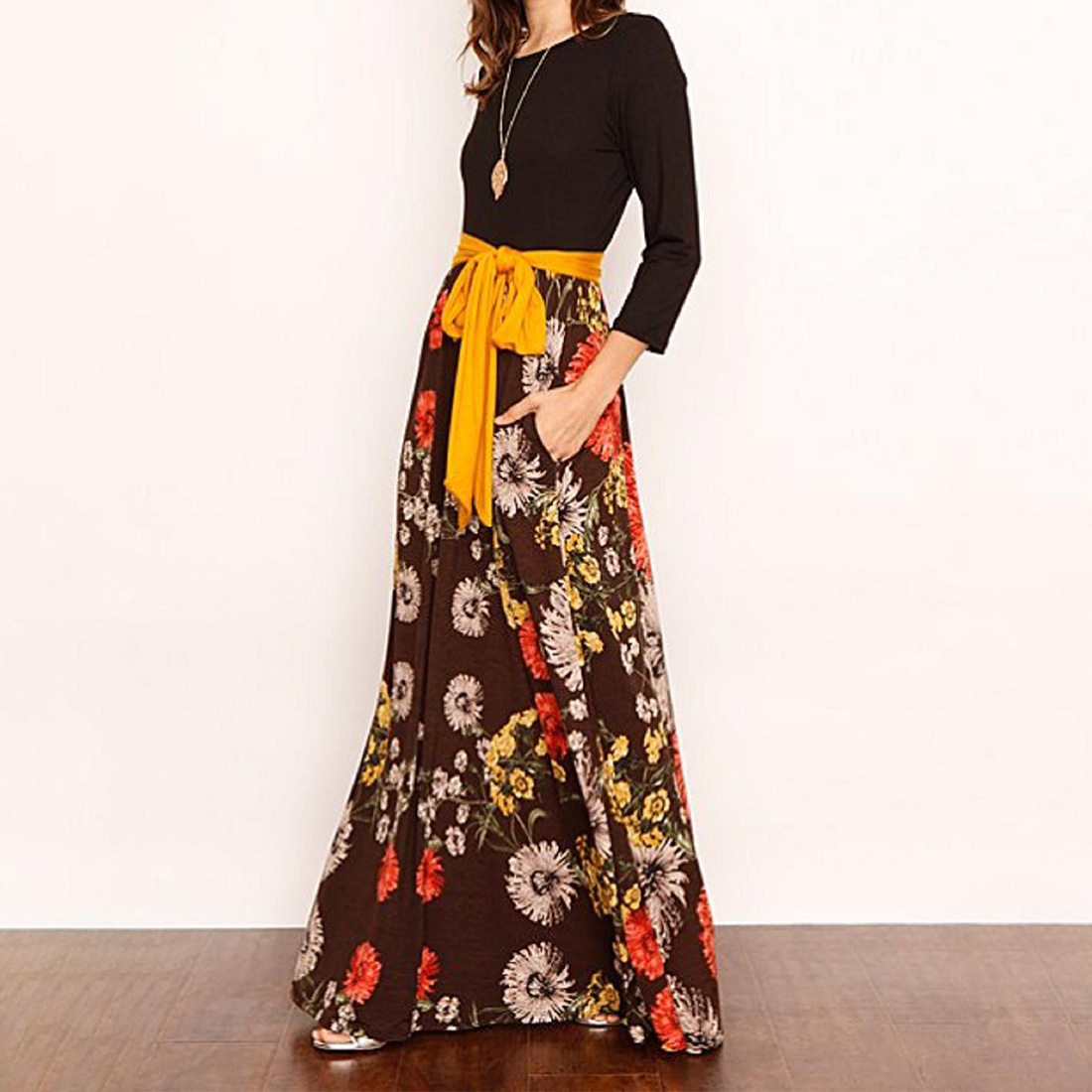 

Cozy Flower Print Long Sleeves Splice Long Dress with Tie