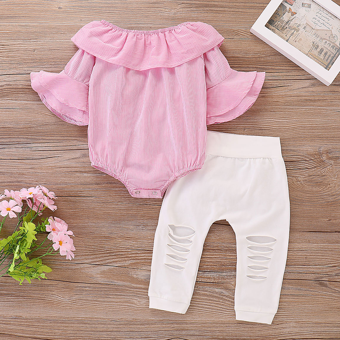 

2-piece Ruffle Striped Romper and Ripped Pants Set