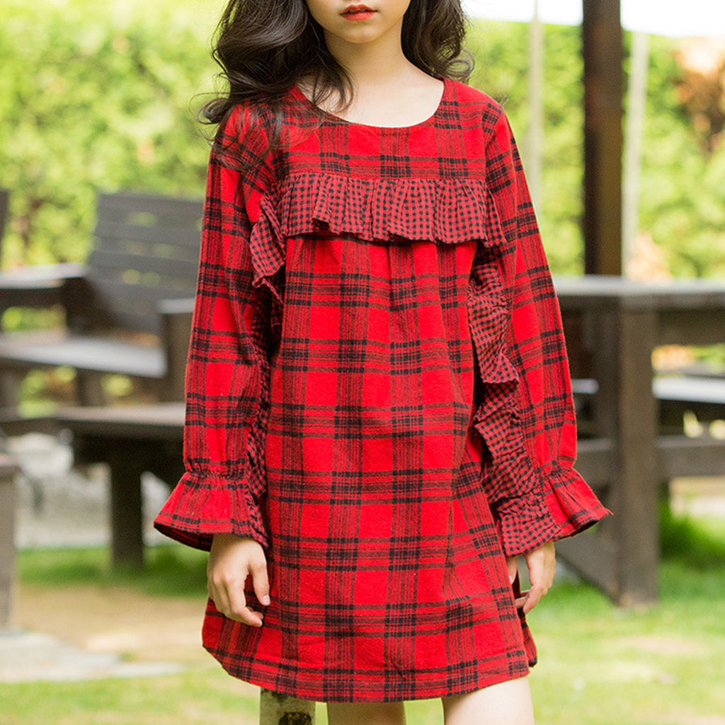 

Sassy Plaid Ruffled Long-sleeve Dress
