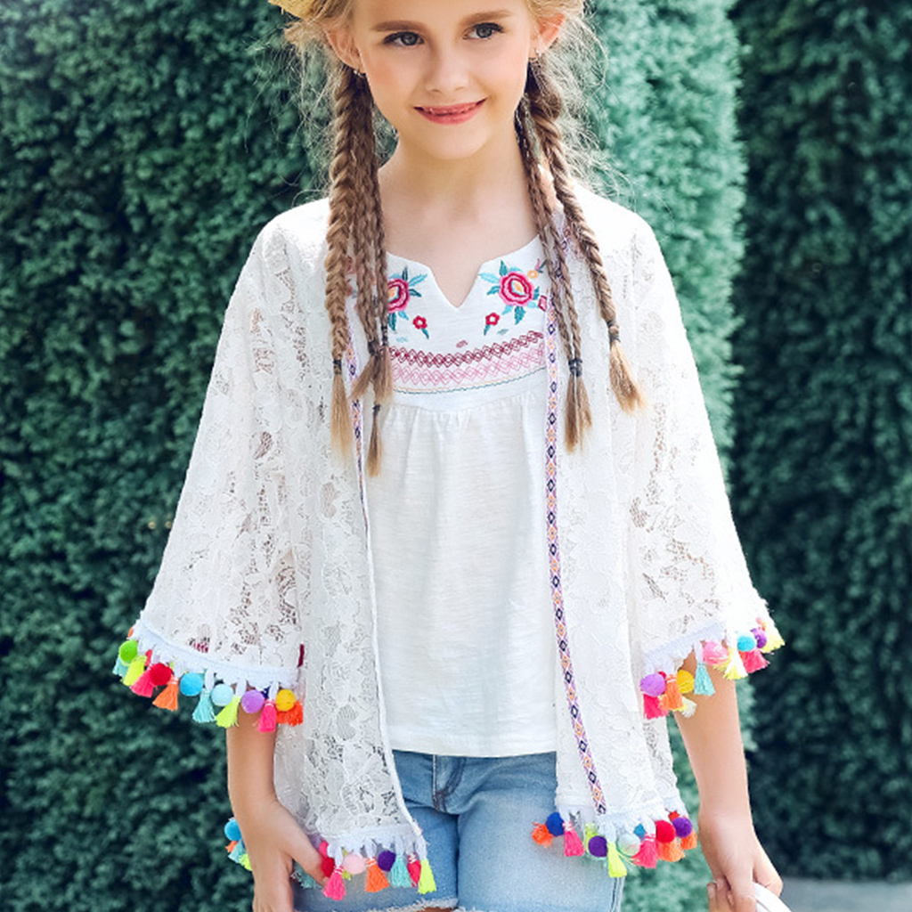 

Ethnic Style Tassel and Ball Design Cardigan for Girl