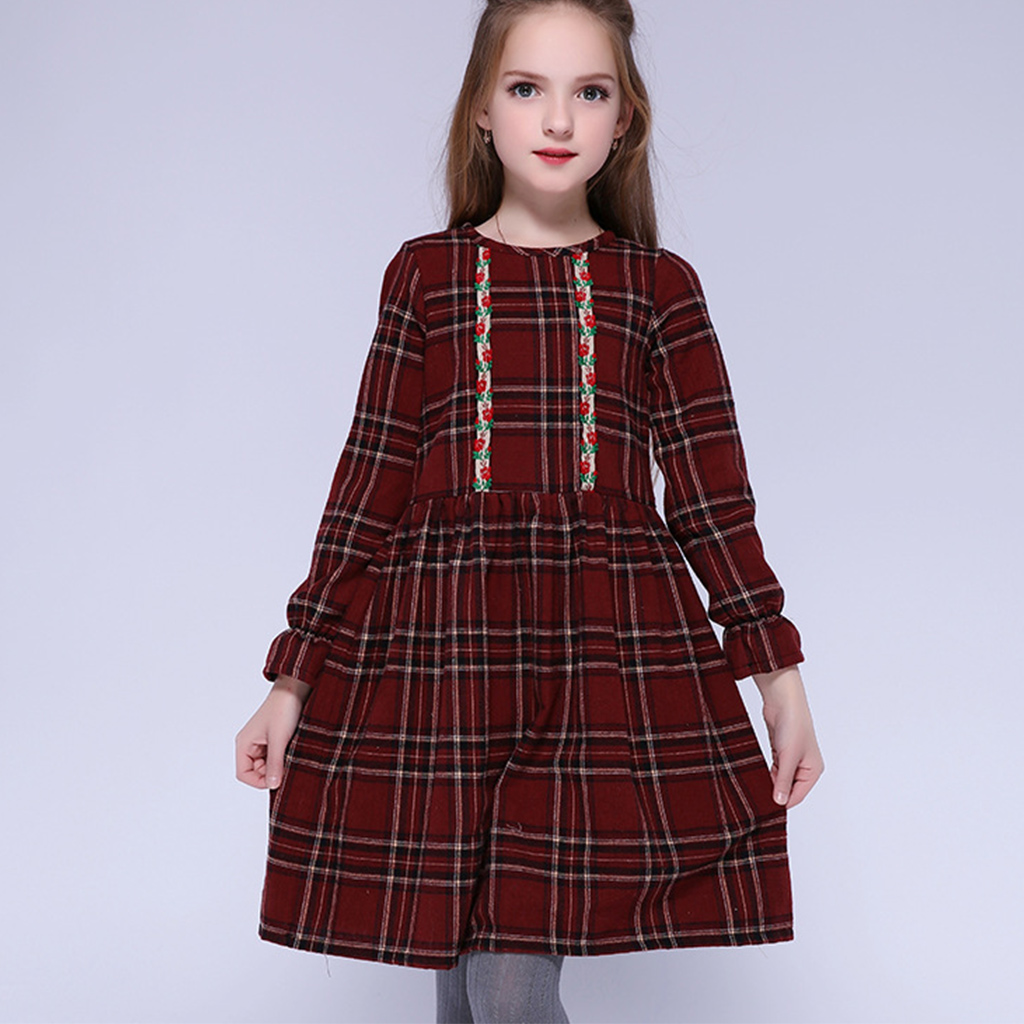 

Fashionable Plaid Long-sleeve Dress in Crimson