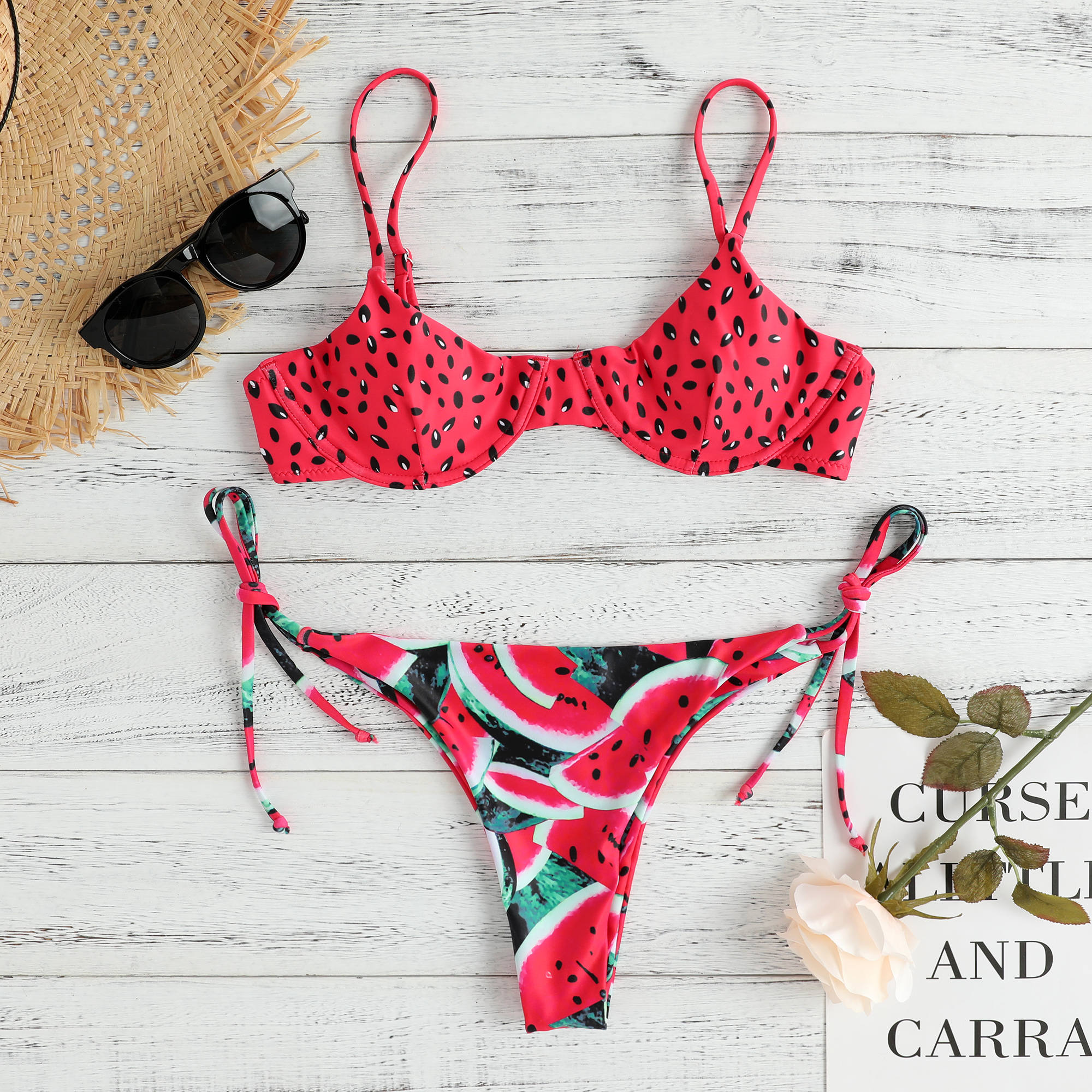 

Watermelon Padded Lace-up Bikini Set