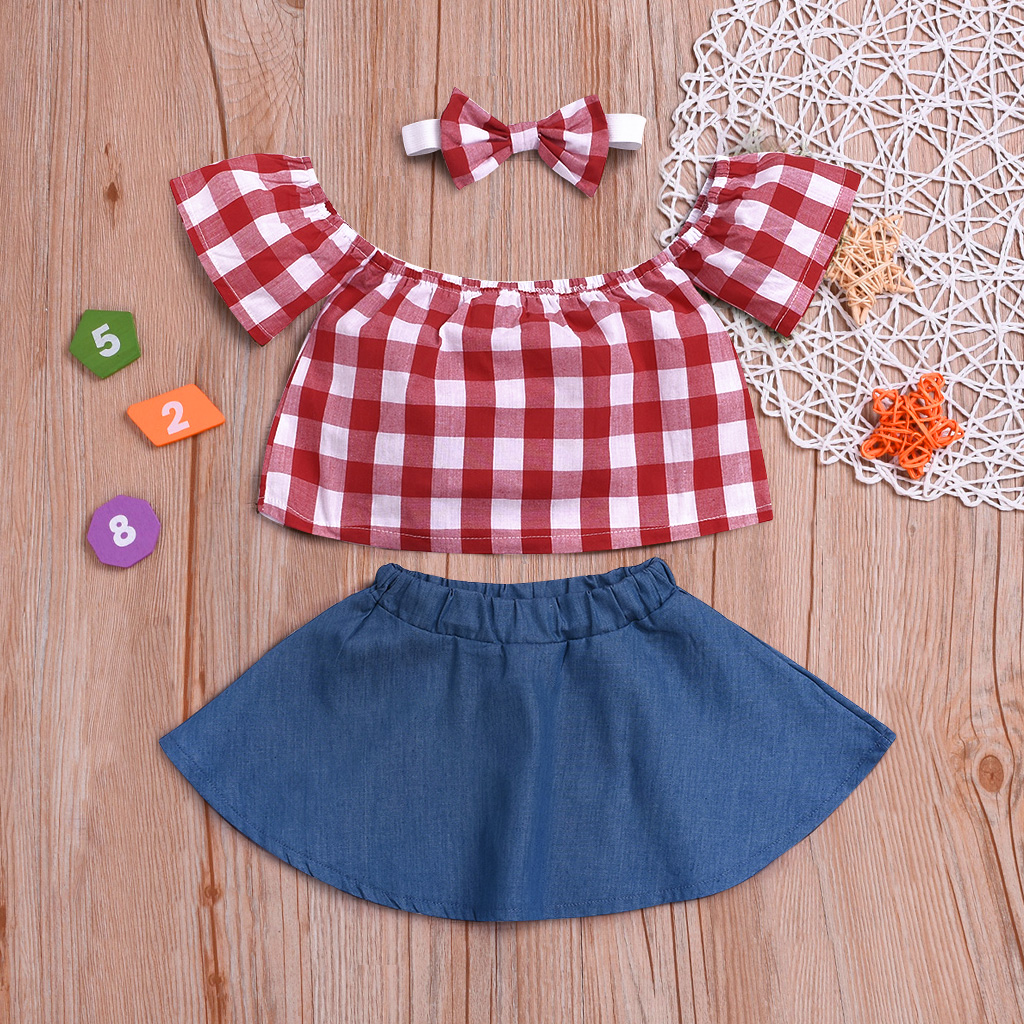 

Checkered Top Denim Skirt and Headband Set