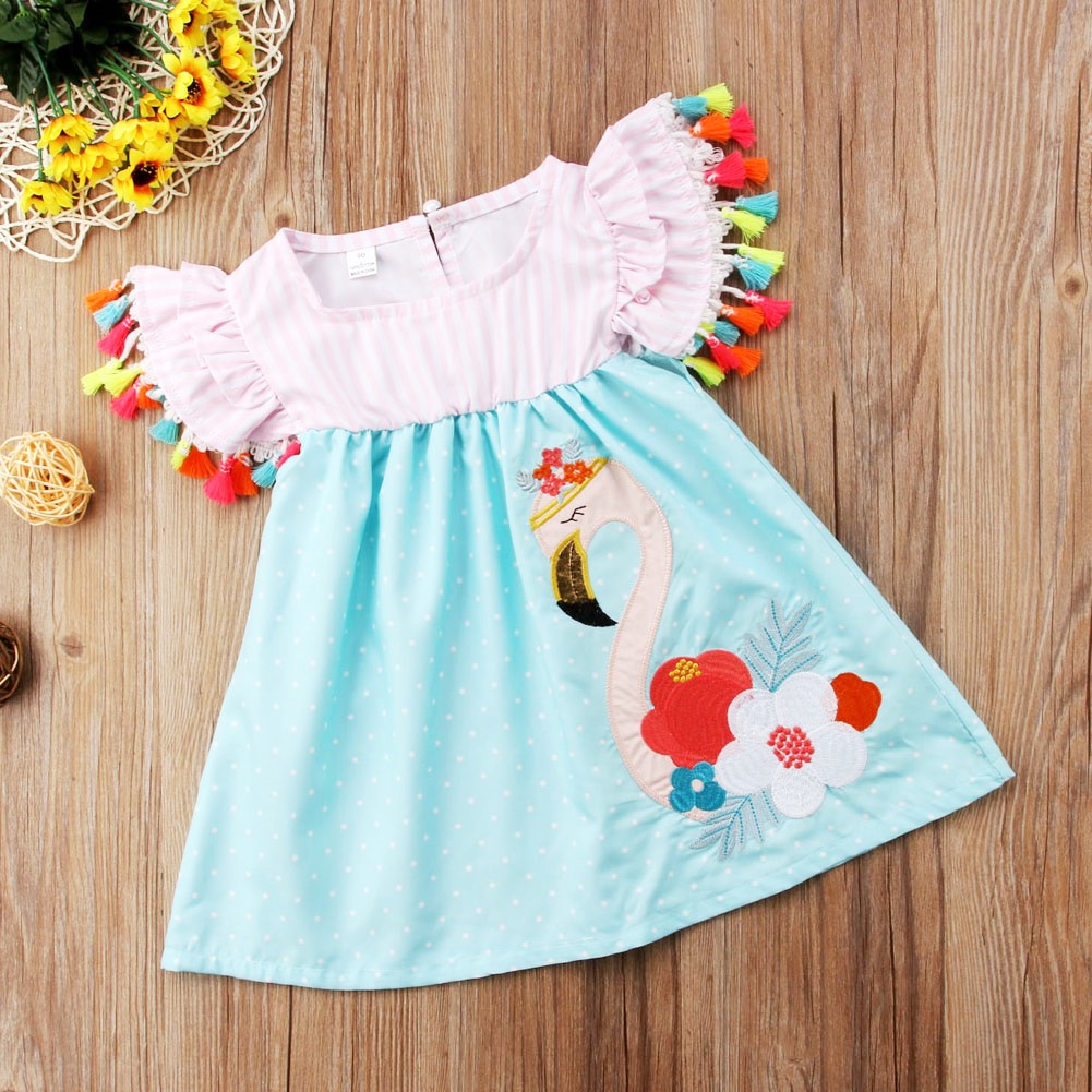 

Flamingo Embroidered Tassel Baby Girls Dress