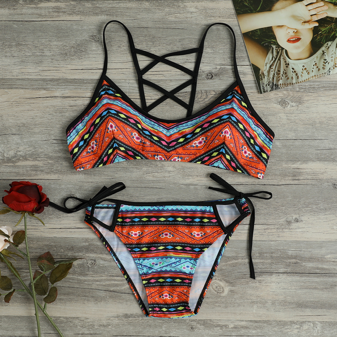 

2-piece Graphic Lace-up Bikini Swimwear