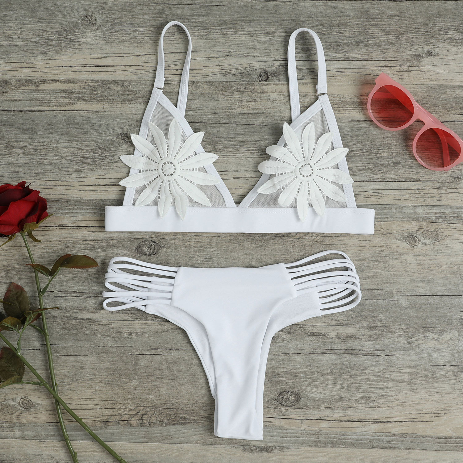 

Solid Flower Applique Bikini Set