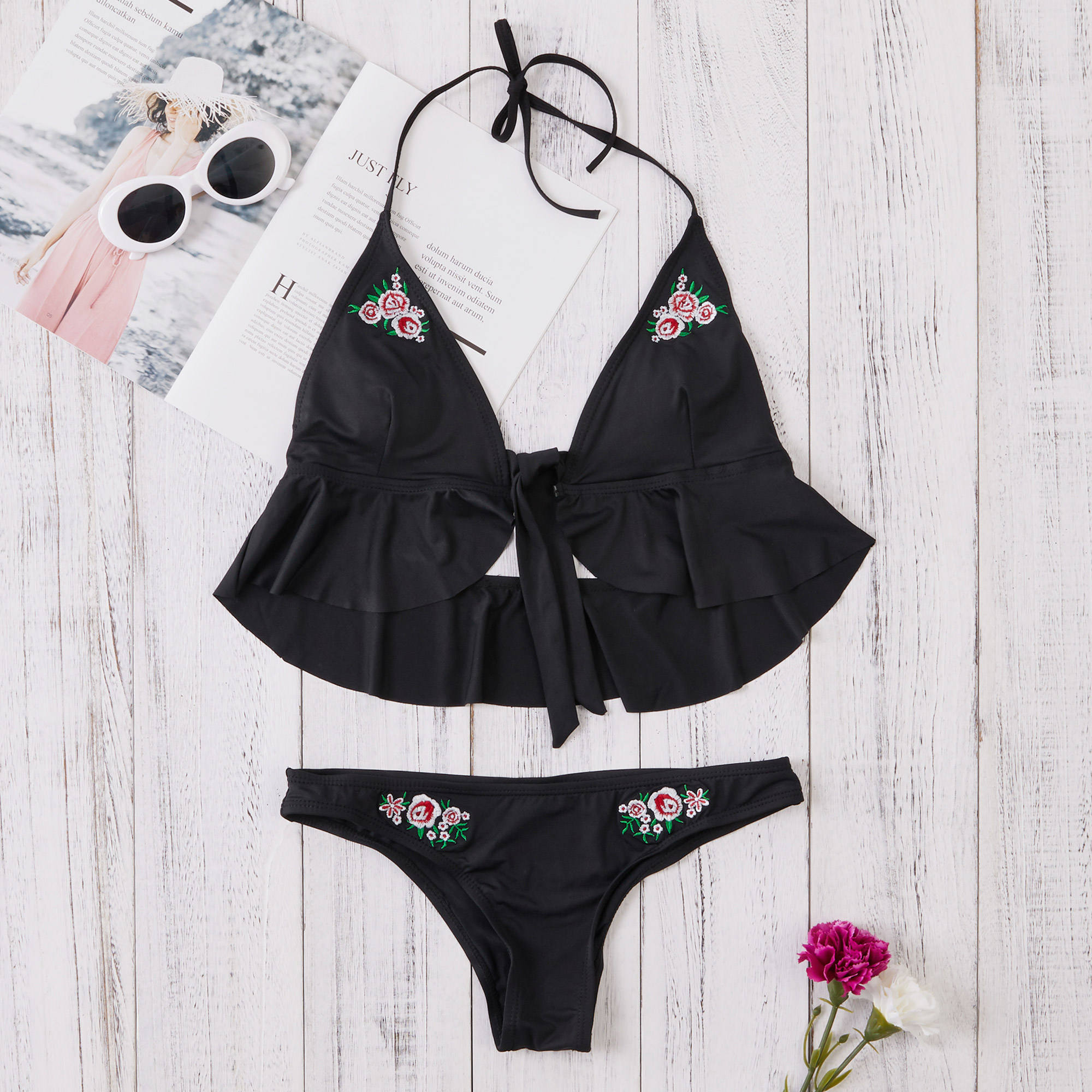 

Flower Embroidered Halter Bikini Set