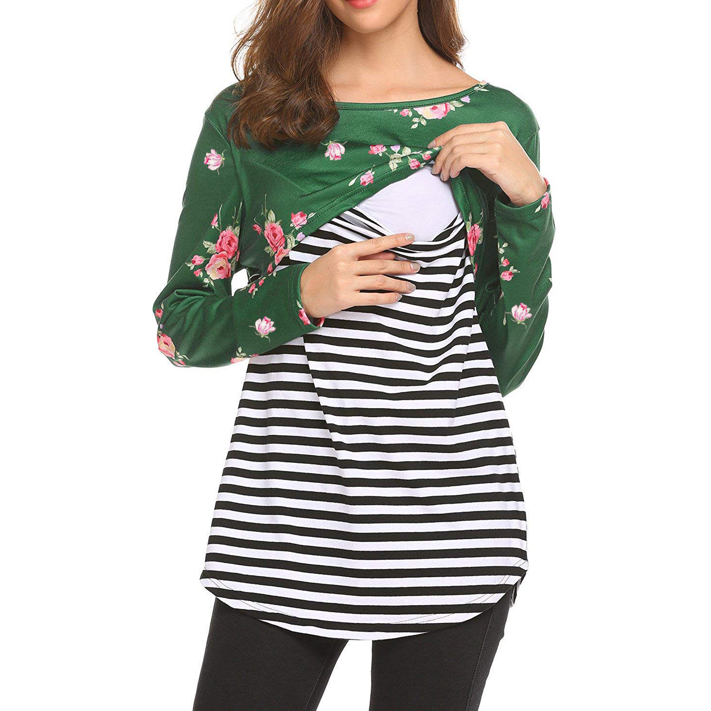 

Trendy Floral Striped Long-sleeve Nursing Tee