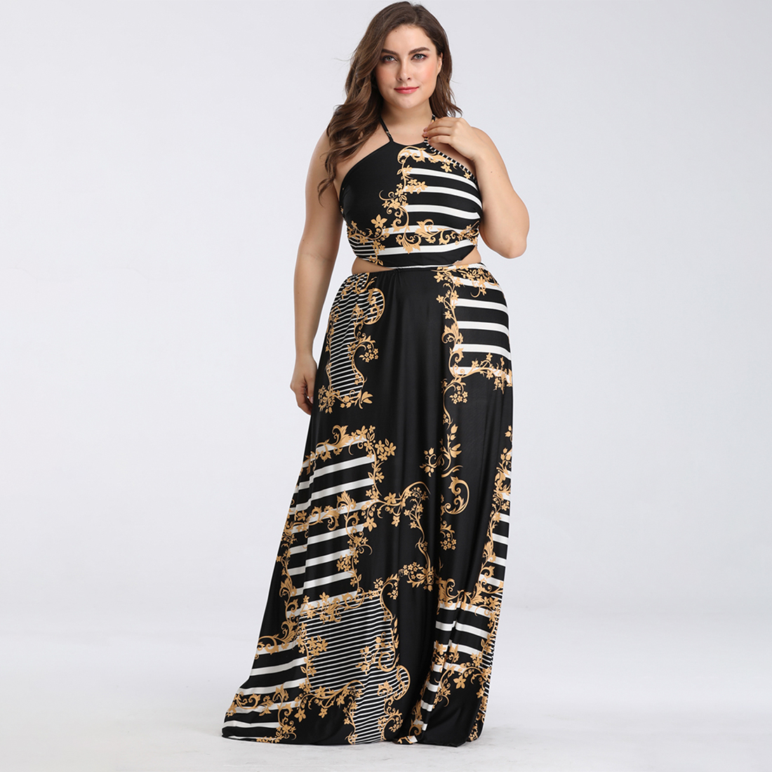 

Women Plus Size Chains Print Lace Up Maxi Dress