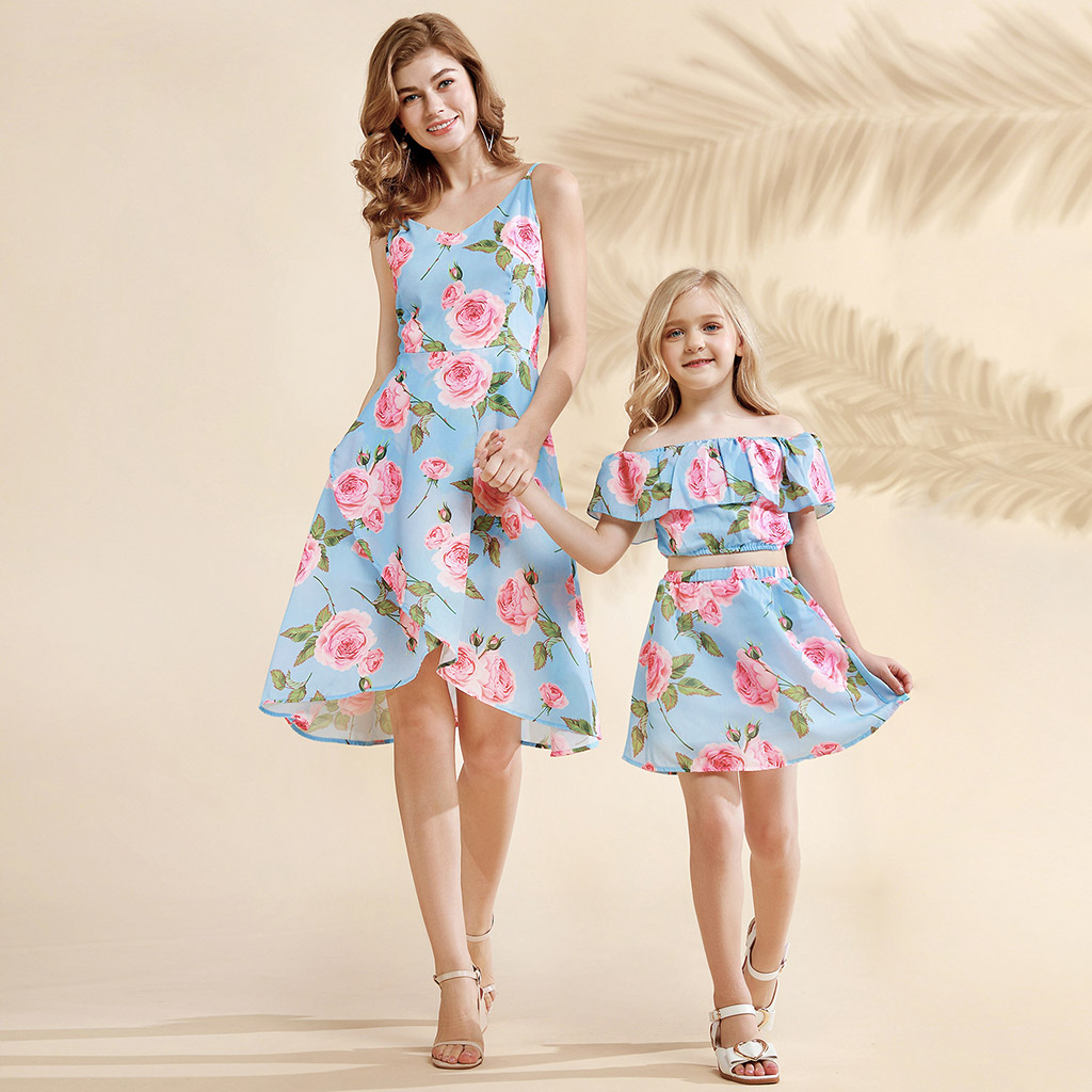 

Pink Rose Print Matching Dresses