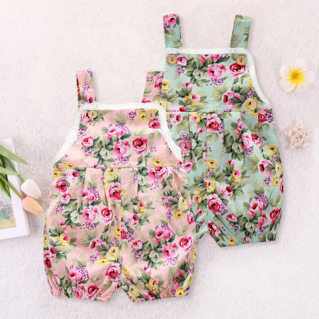 

Lace Trim Rose Print Romper
