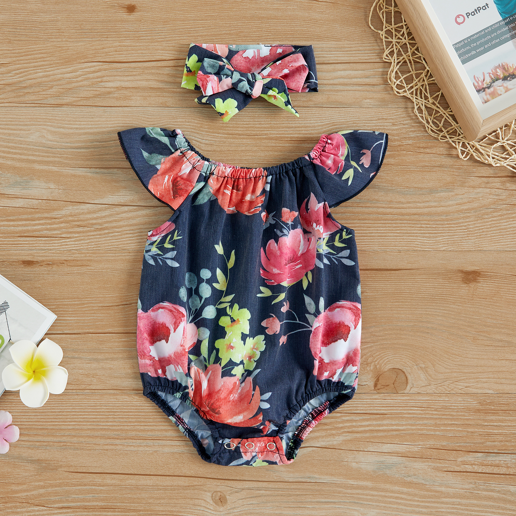 

Floral Print Bodysuit and Headband Set for Baby Girl