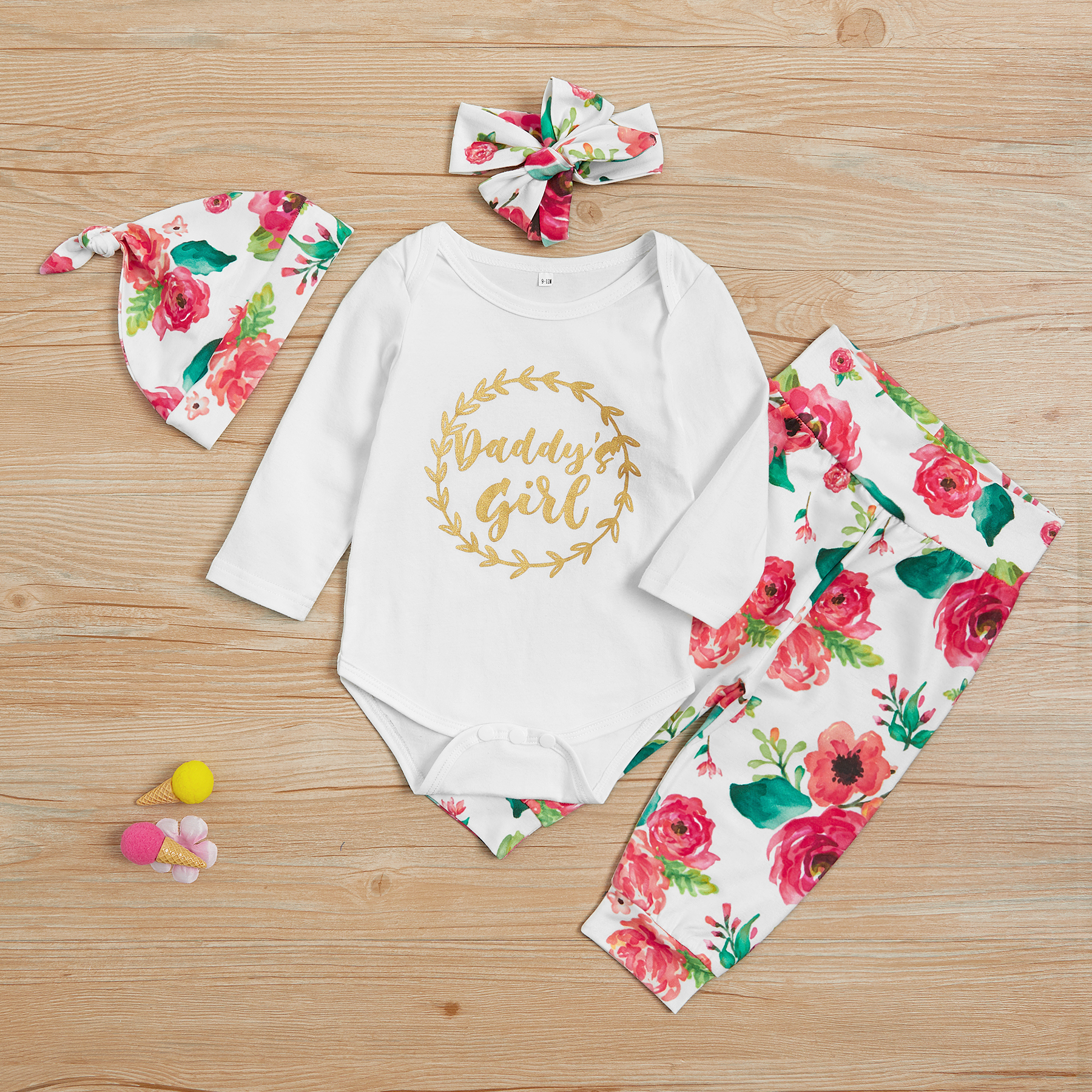 

4-piece Letter Print Bodysuit, Floral Print Pants, Headband and Hat for Baby