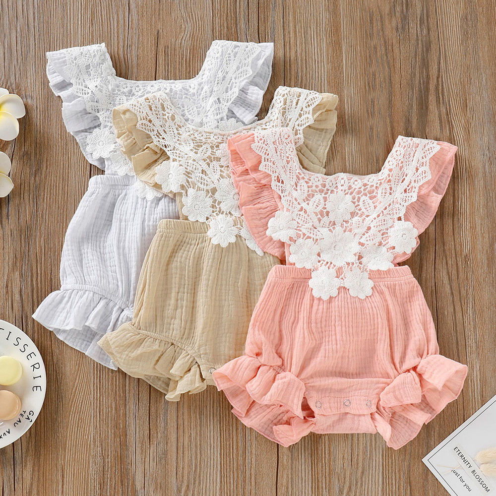 

Solid Ruffle Lace Trim Romper