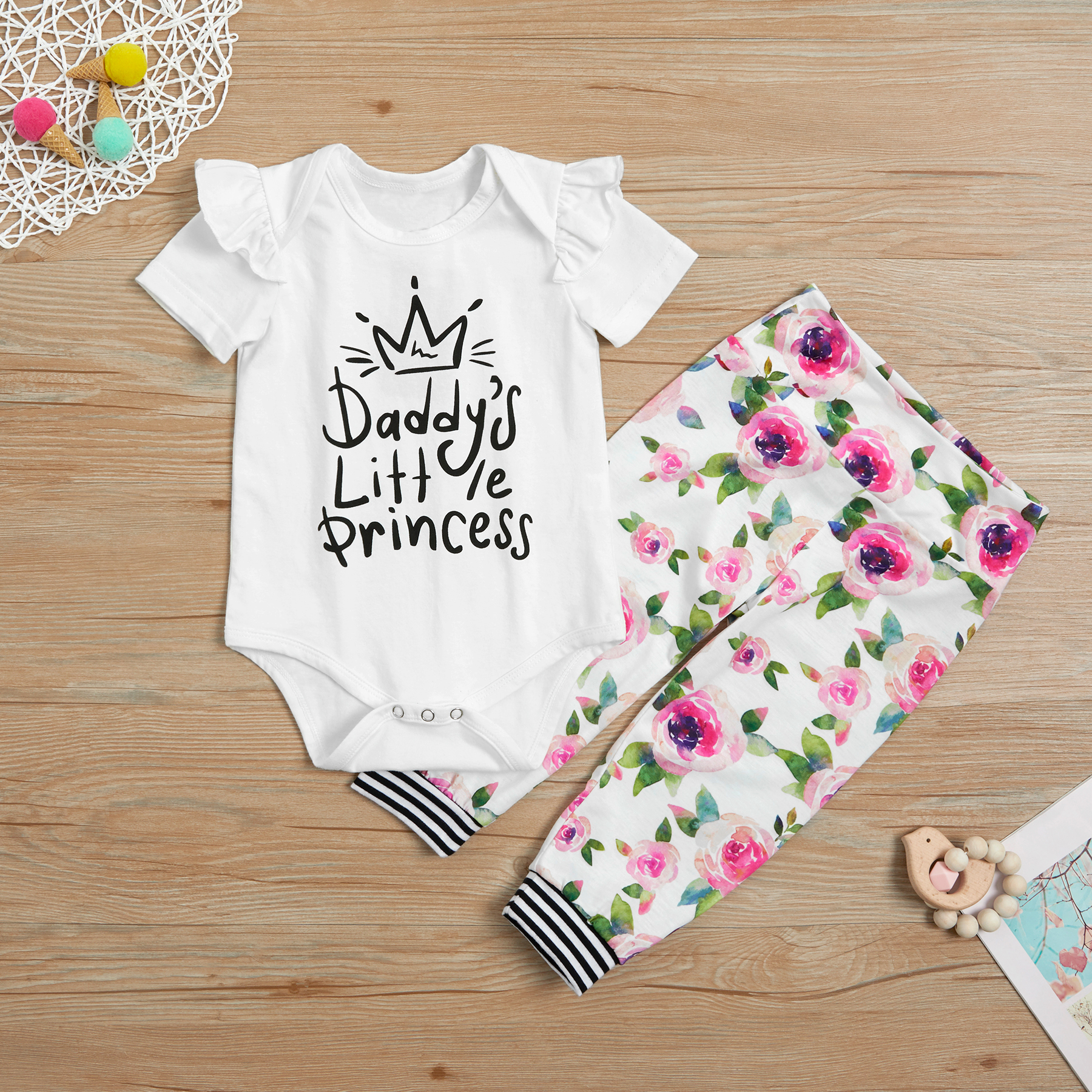 

3-piece Letter Print Bodysuit and Floral Pants and Headband for Baby Girl
