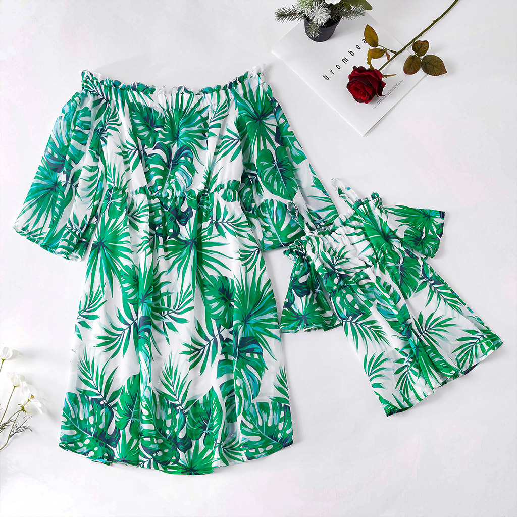 

Green Leaf Print Midi Dresses for Mommy and Me