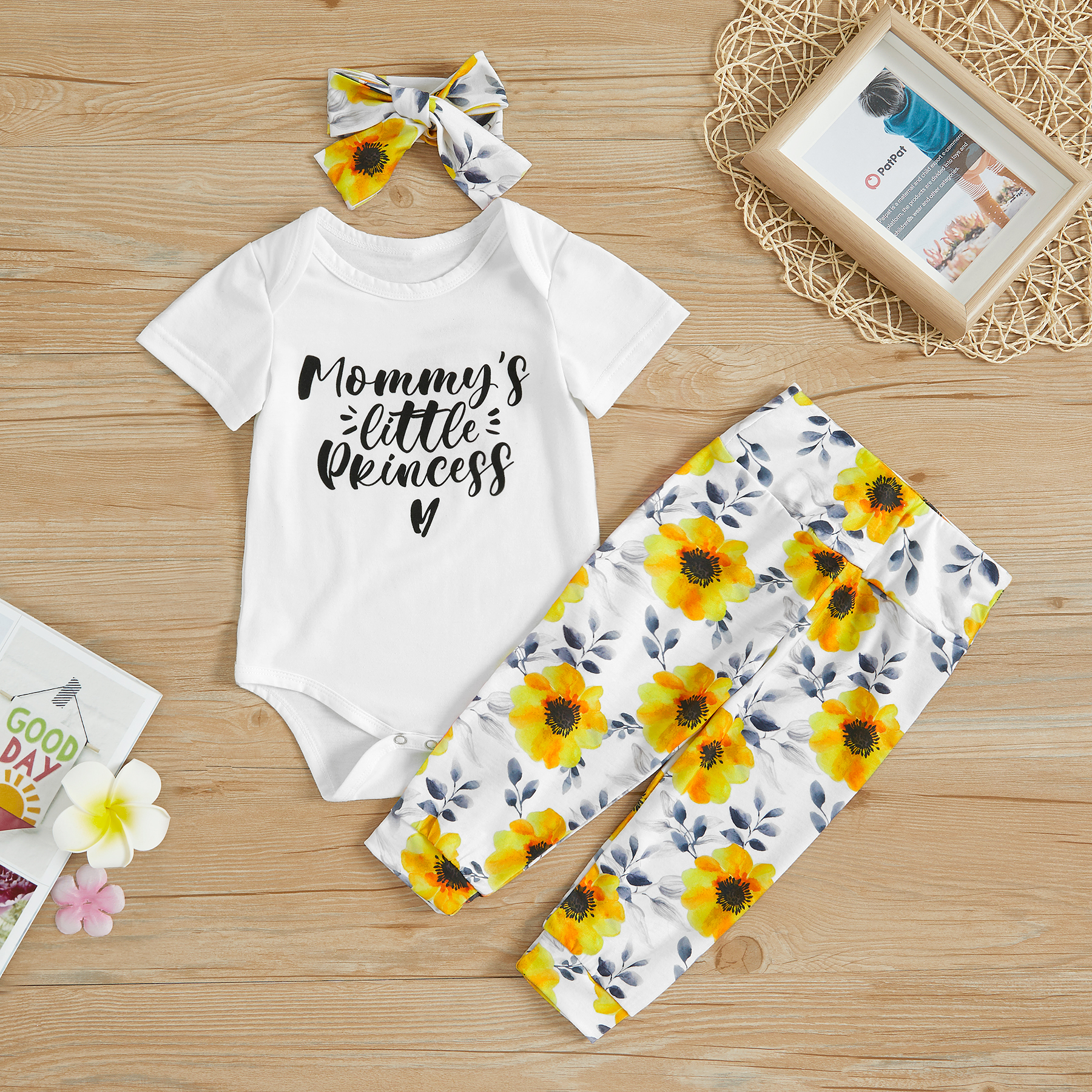 

3-piece Letter Bodysuit and Floral Print Pants, Headband for Baby Girl