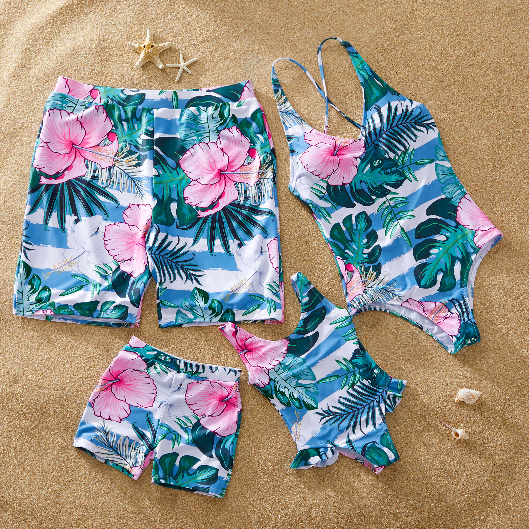 

Strip and Flower One-Piece Family Matching Swimsuit
