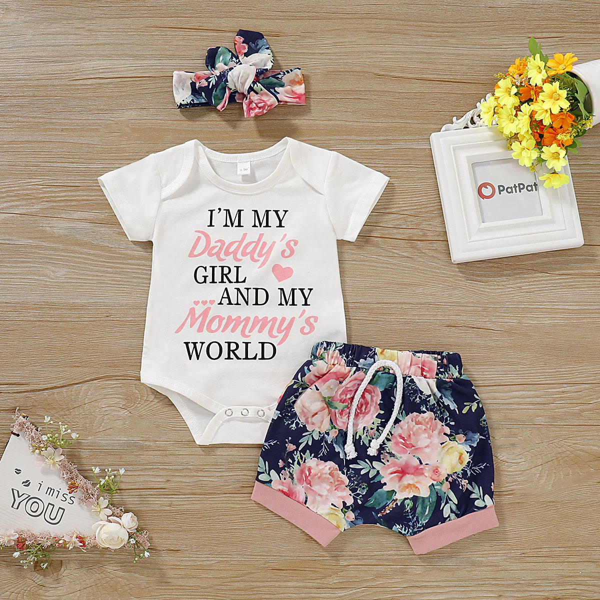 

3-piece Letter Bodysuit and Floral Shorts, Headband for Baby Girl