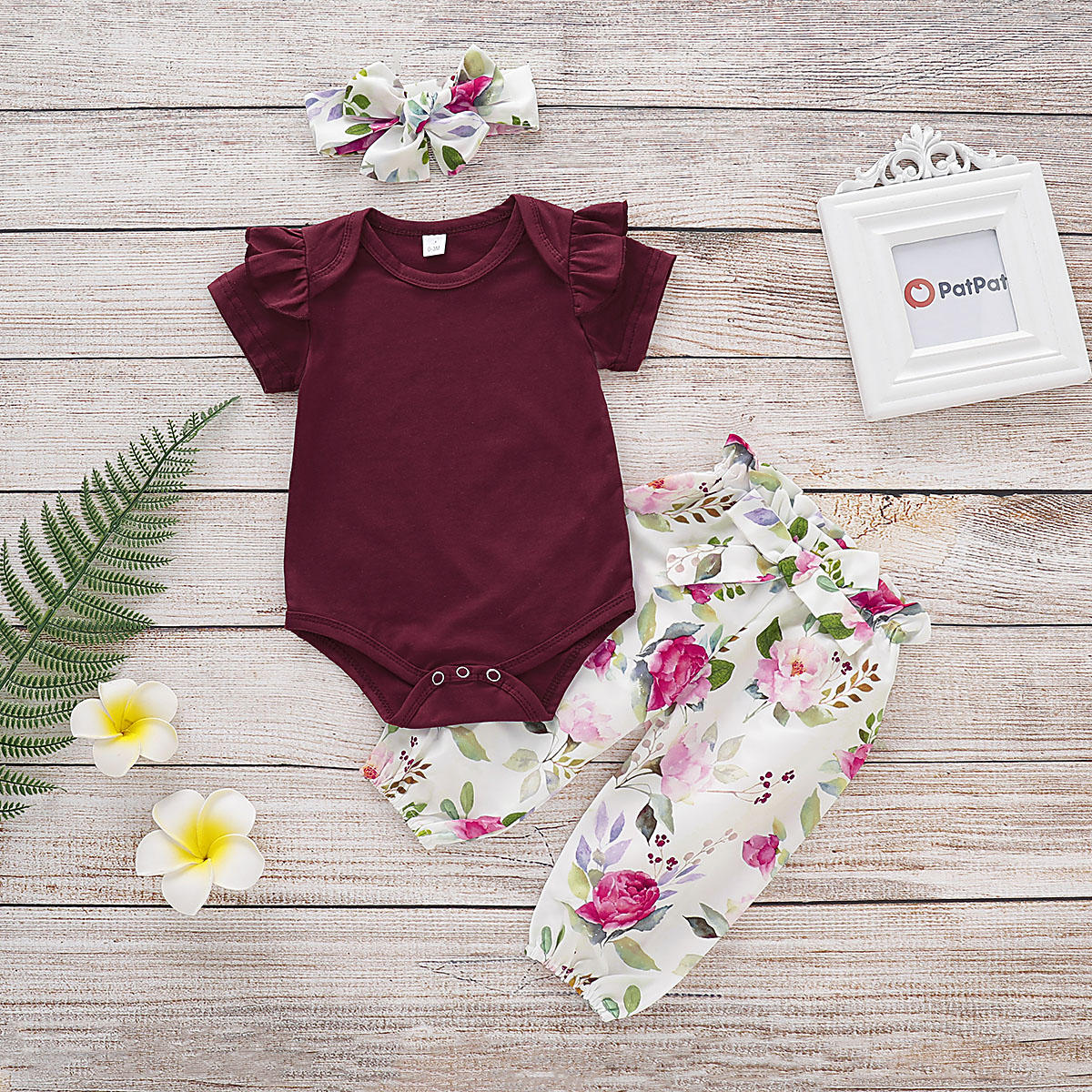 

3-piece Solid Ruffled Bodysuit and Floral Print Pants, Headband for Baby Girl