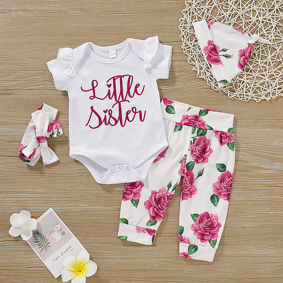 

4-piece ' Little Sister ' Ruffled Bodysuit and Floral Print Pants, Hat, Headband for Baby Girl