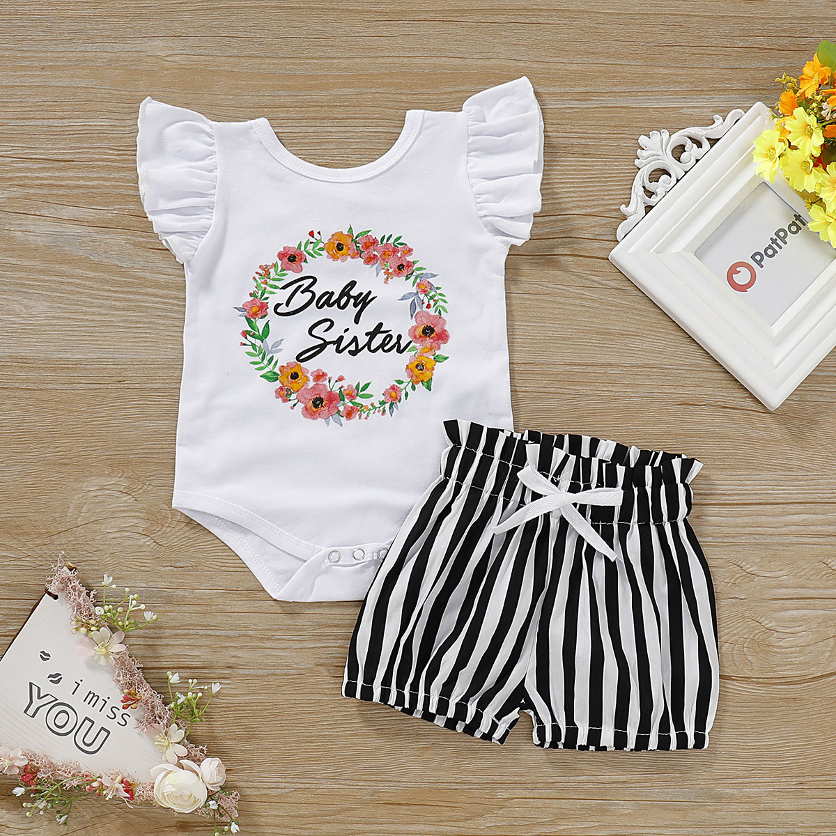 

' Baby Sister ' Flutter-sleeve Bodysuit and Stripe Shorts Set for Baby Girl