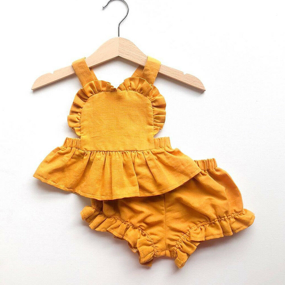 

Baby Girl Solid Ruffle Backless Cotton Summer Set