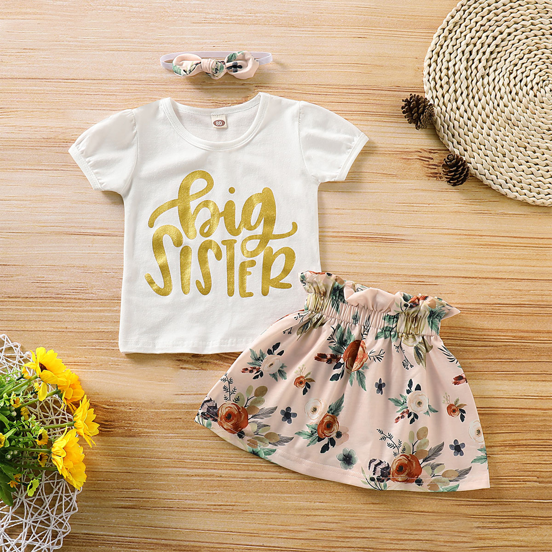

3-piece ' Big / Little Sister ' Top and Floral Skirt, Headband for Baby / Toddler Girl