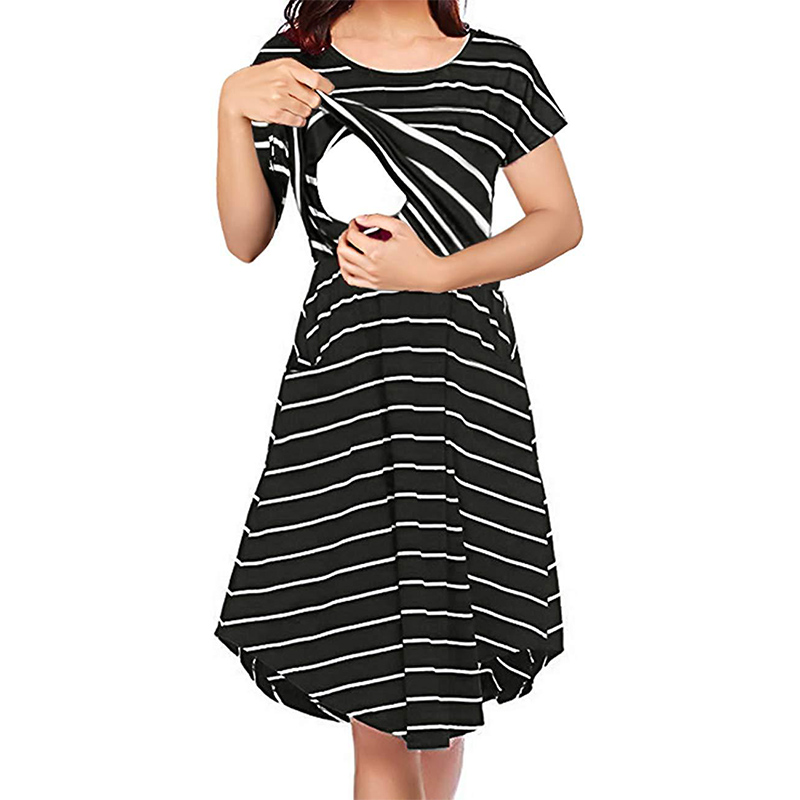 

Striped Color Contrast Short-sleeve Nursing Dress