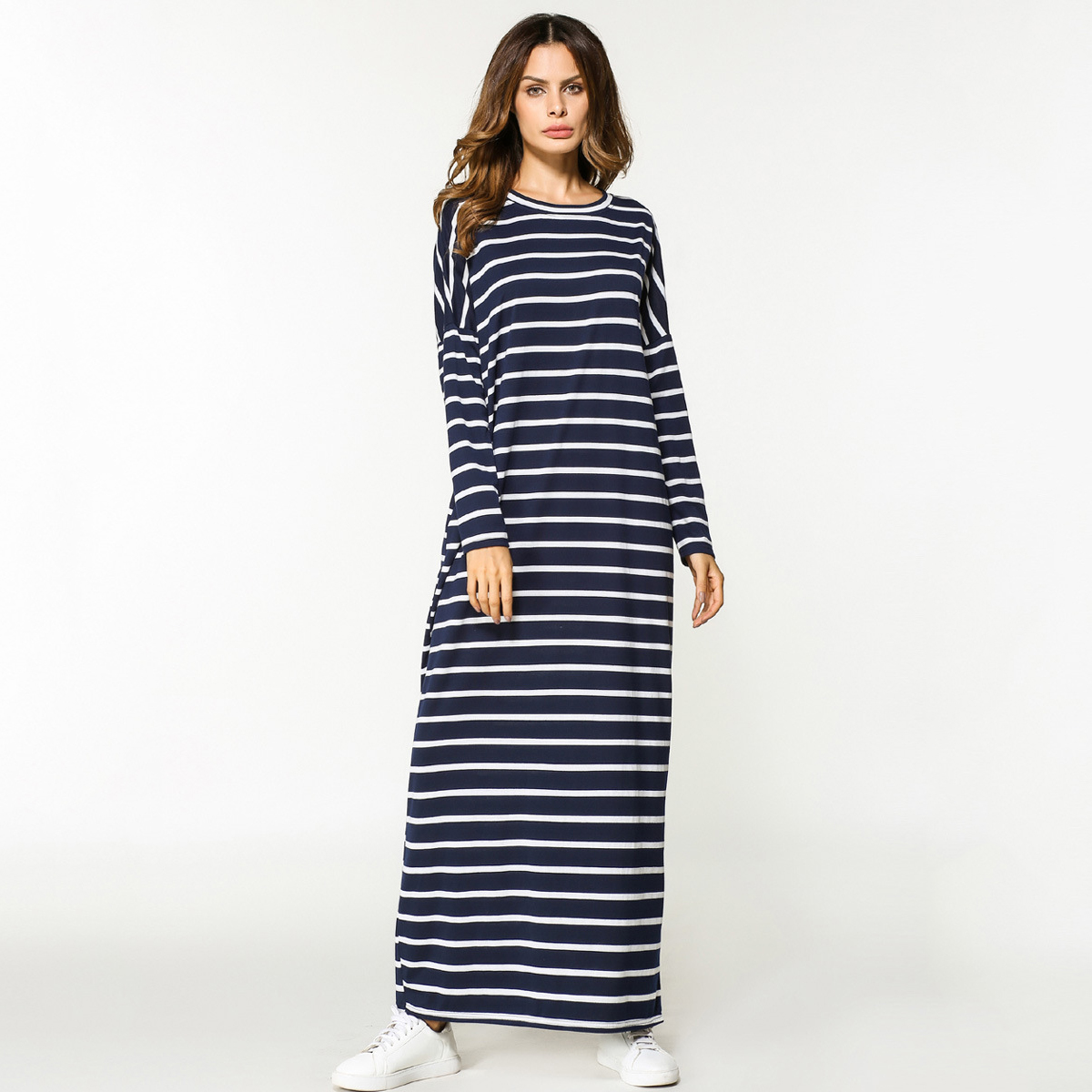 

Casual Striped Plus-size Long-sleeve Maxi Dress