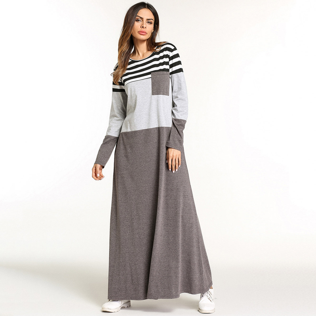 

Color Blocked Striped Long-sleeve Plus Size Dress