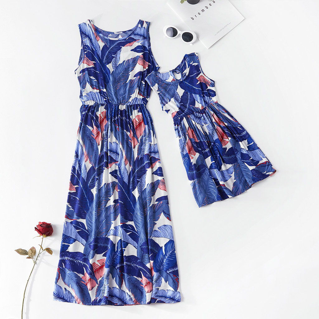

Blue Leaves Print Matching Dresses