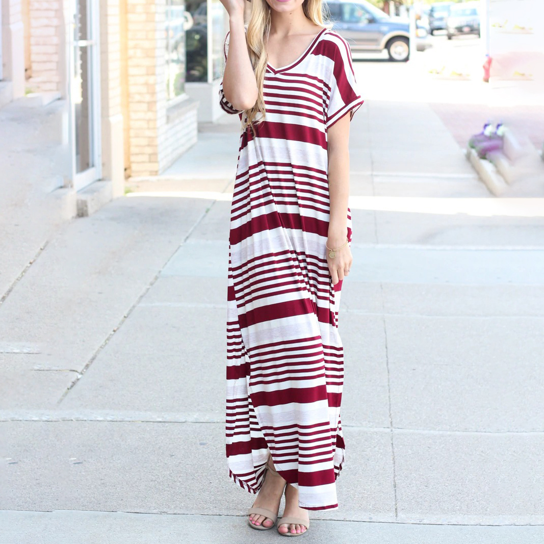 

Striped V Neck Short-sleeve Maxi Dress
