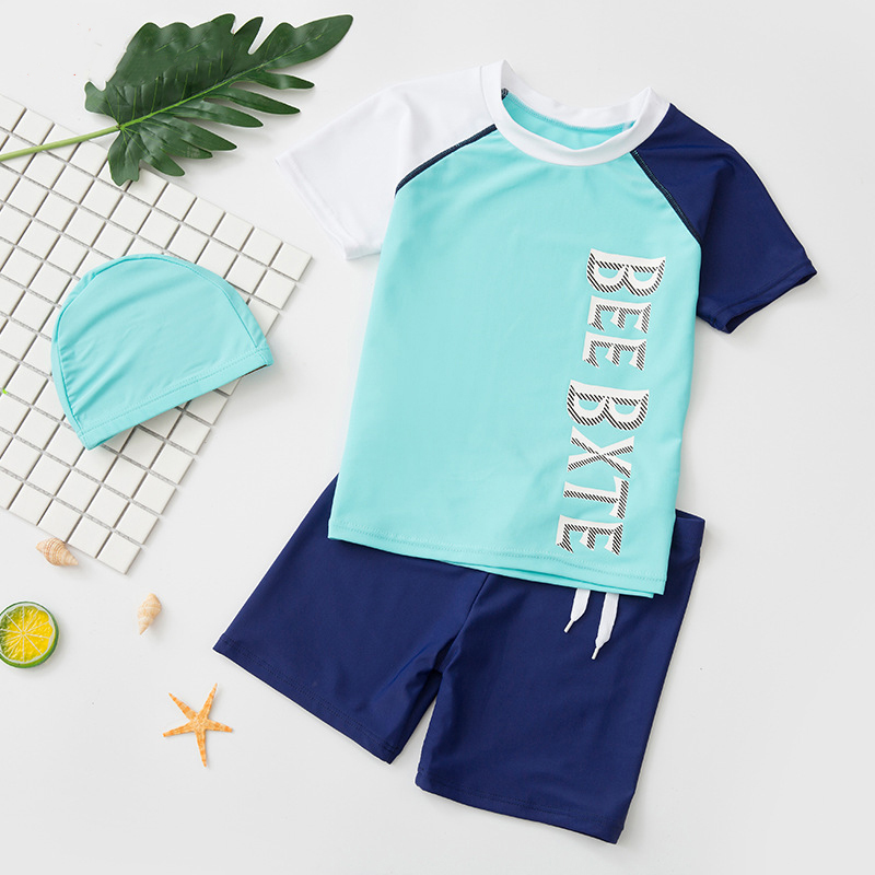

Cute Letter Pattern Color Block Swim Top, Short and Cap
