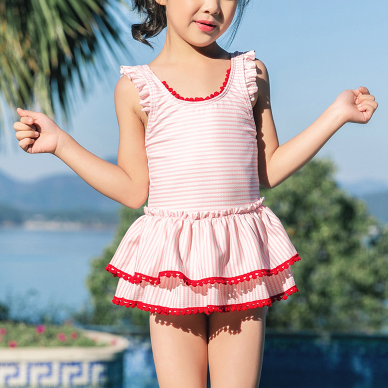 

Sweet Striped Pompon Decor Swimwear