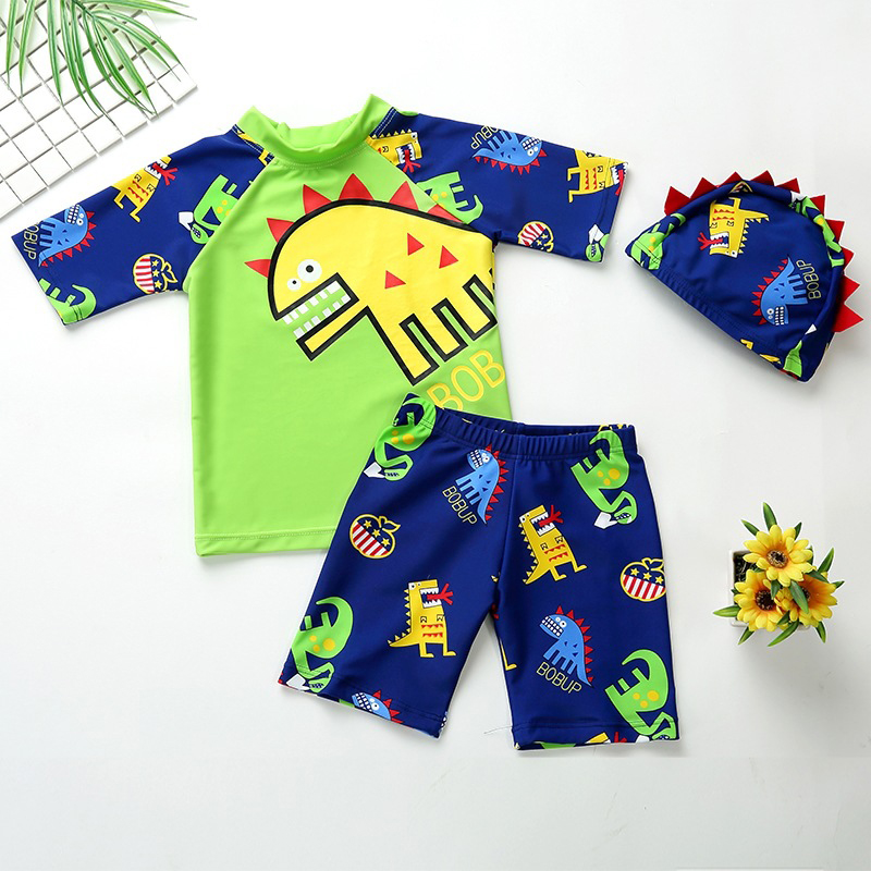 

Cool Cartoon Dinosaur Pattern Swim Top, Short and 3D Decor Cap