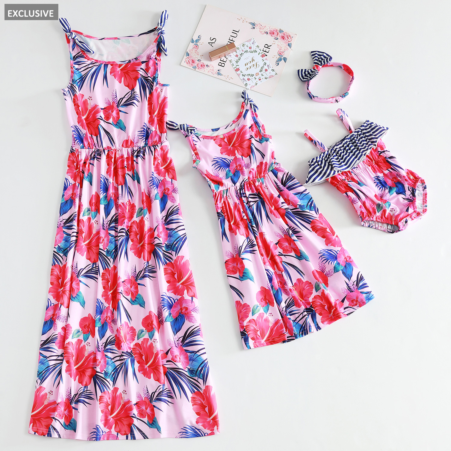 

Mosaic Floral Stripe Tank Dresses Romper for Mom and Me