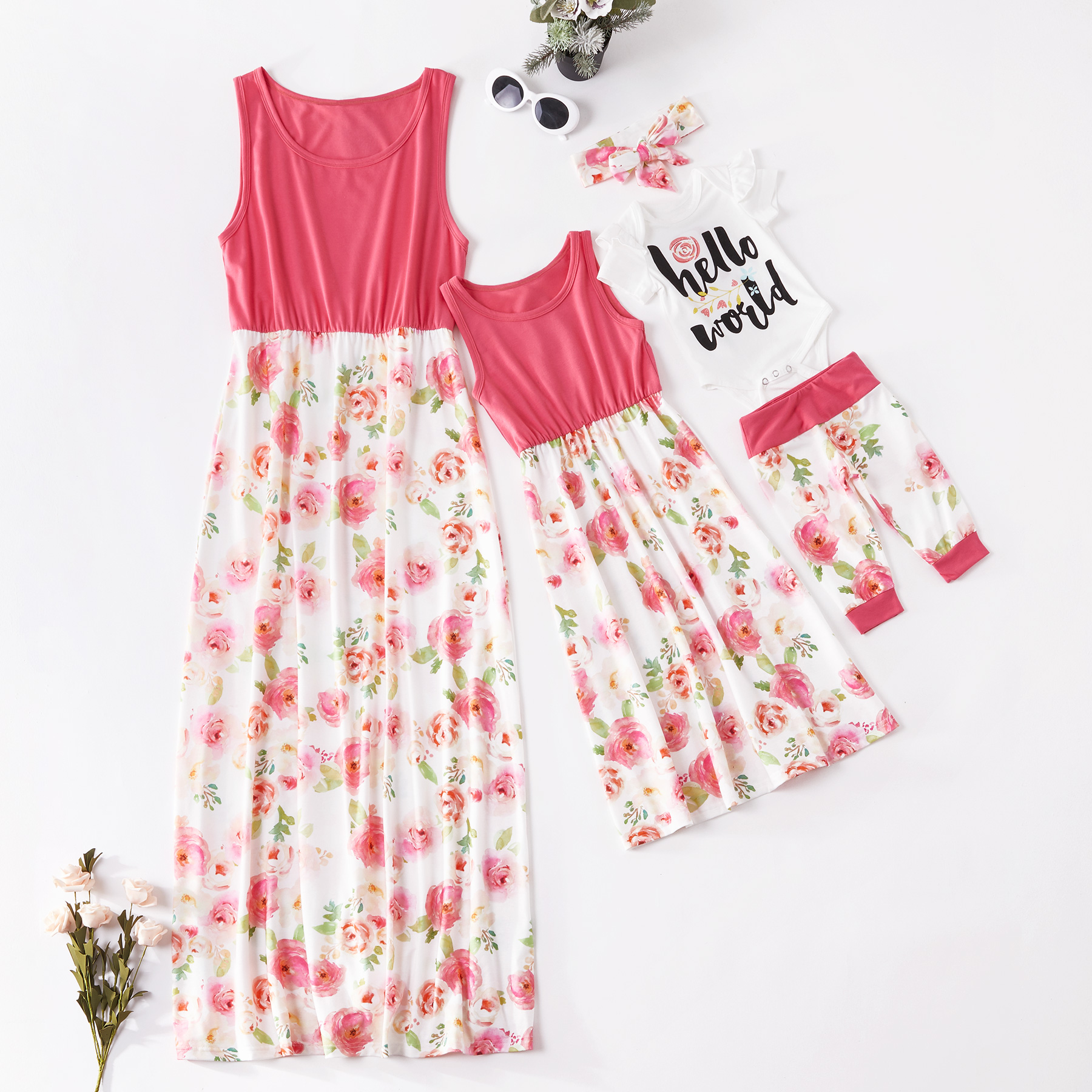 

Floral Print Stitching Matching Dresses