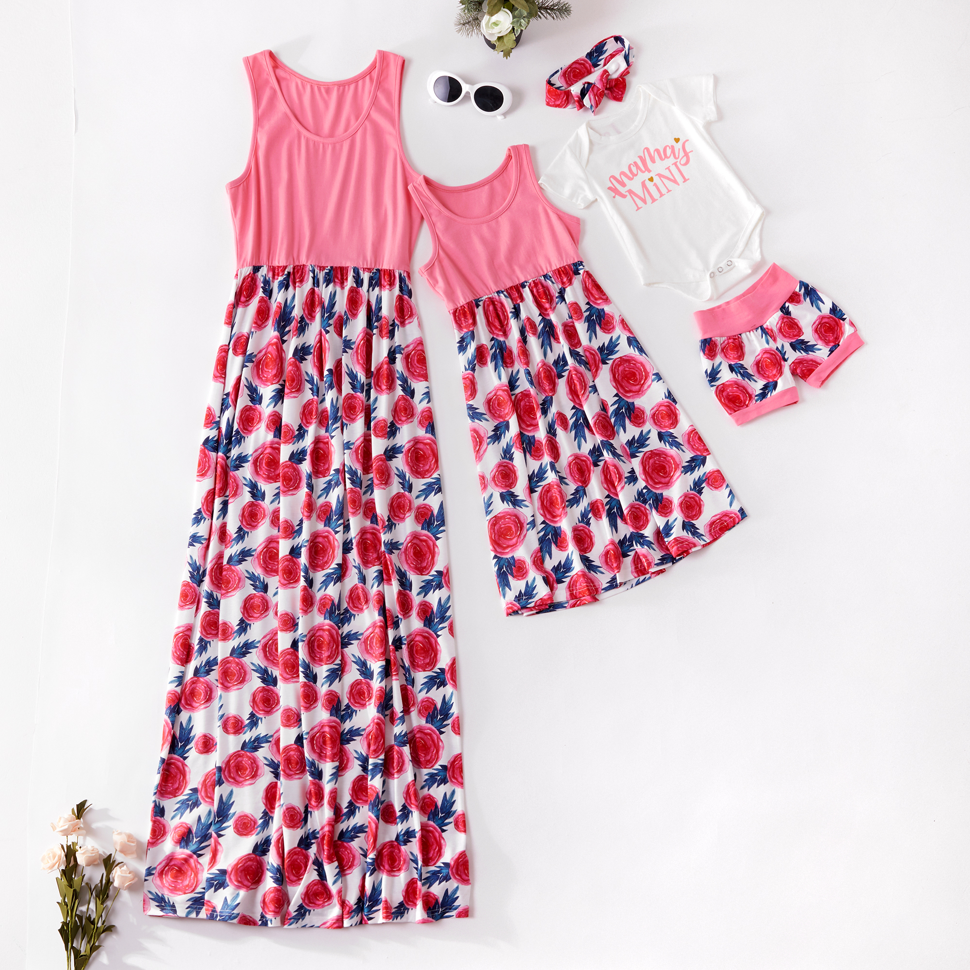 

Floral Print Stitching Matching Dresses