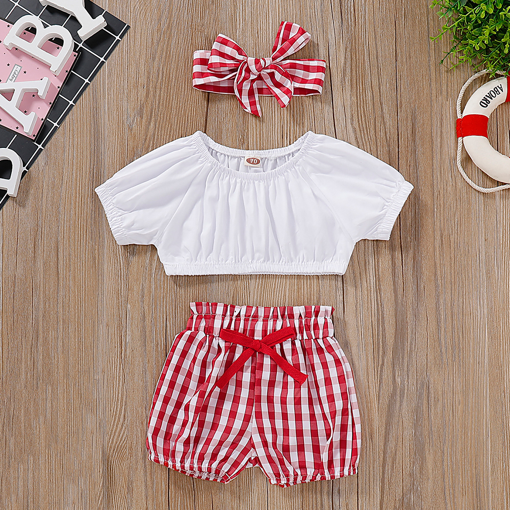 

Solid Top and Plaid Print Shorts Headband Set
