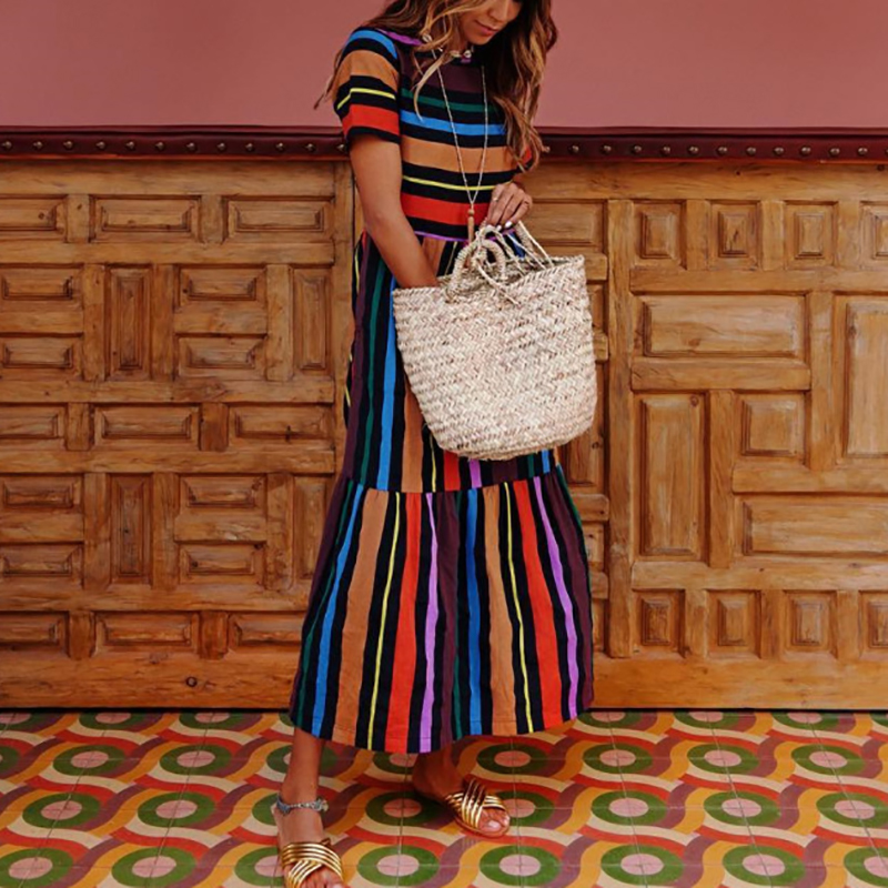 

Colorful Striped Short-sleeve Maxi Dress
