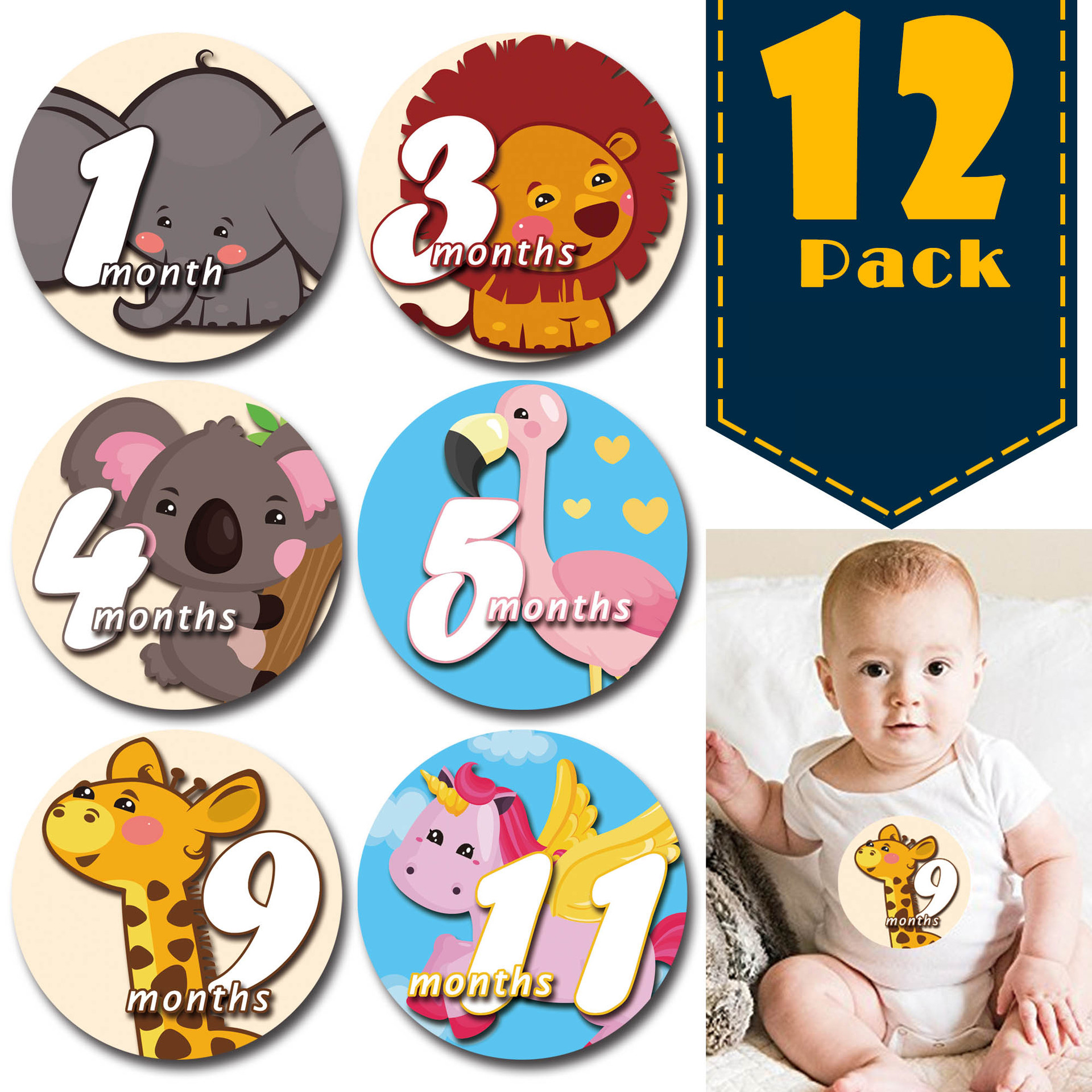 

12-pack Resuable Animal Print Baby Monthly Milestone Stickers