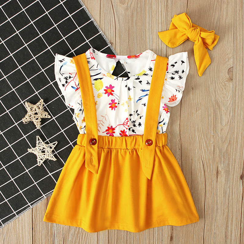 

Floral Ruffle-sleeve Top and Skirt Headband Set