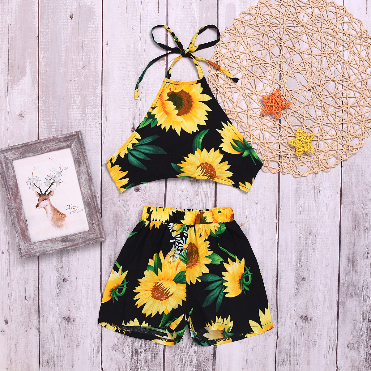 

Sunflower Print Halter Top and Shorts Set