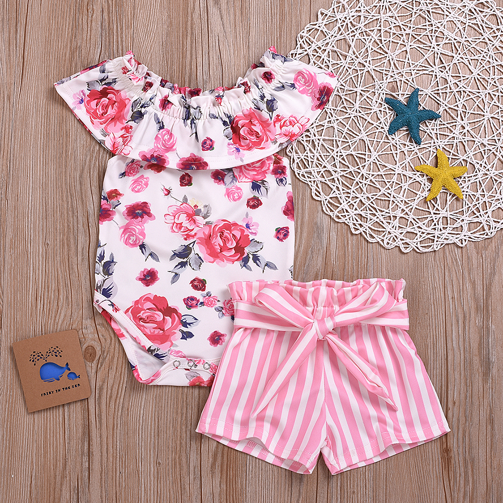 

Floral Print Bodysuit and Striped Shorts Set