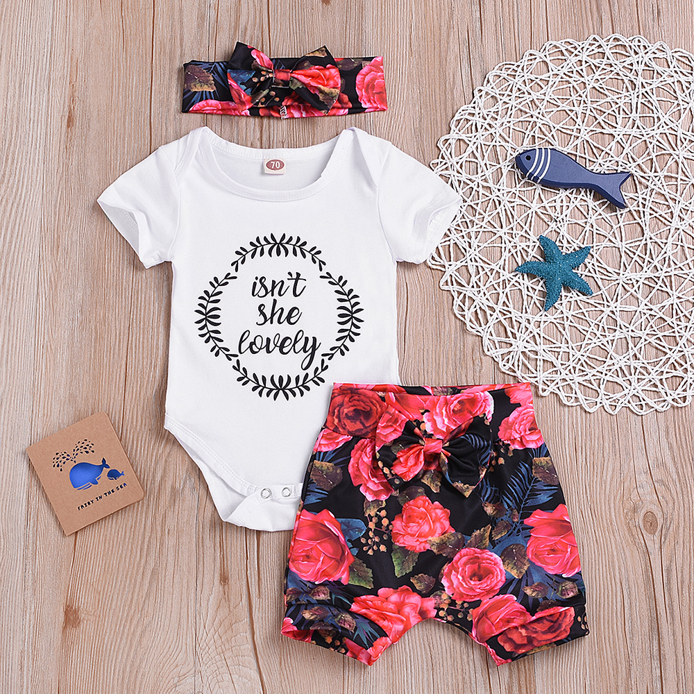 

Letter Print Bodysuit and Floral Shorts Headband Set